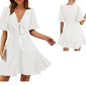 NWT Women's Knot Front Casual Dresses V Neck Short Puff Sleeve Mini‎ Dress SMALL